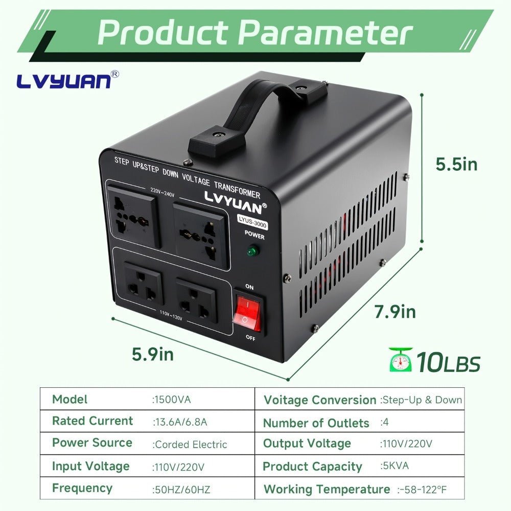 Voltage Converter Transformer 1500W Step Up Step Down - Converts 110V-120V to 220V-240V & Vice Versa, 2 US Outlets & 2 Universal Outlets, Resettable Circuit Breaker, International Travel Power Supply