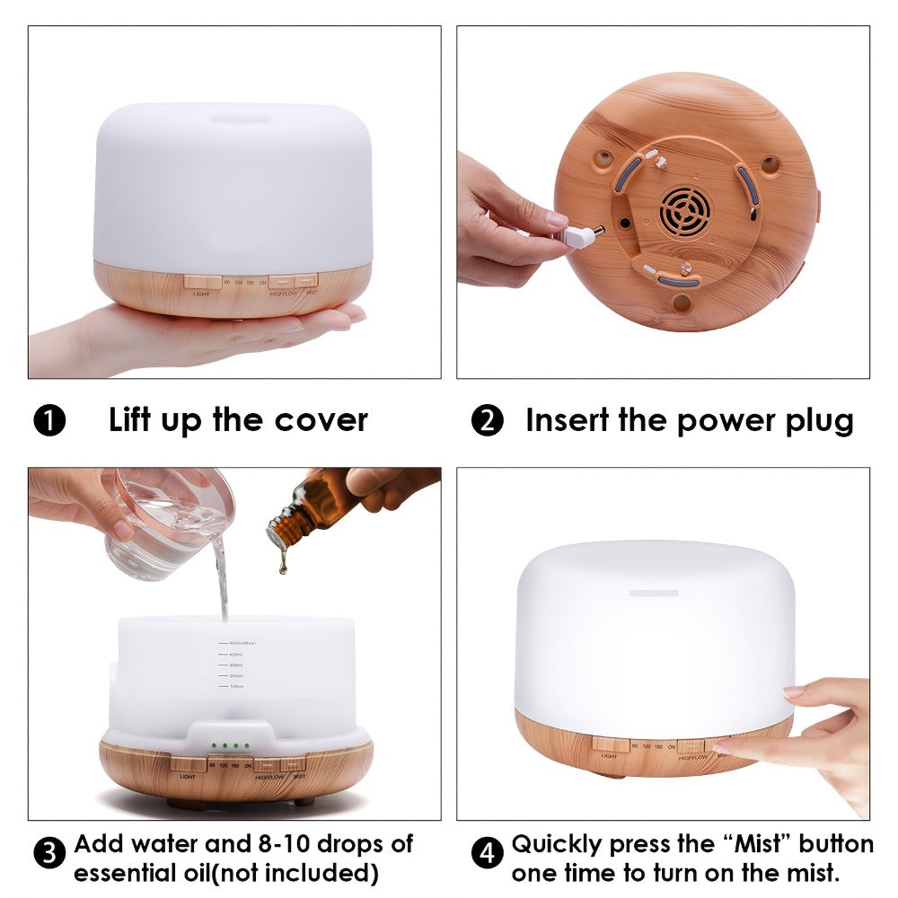 Essential Oil Diffuser 500ml with 10 Essential Oils 7 Color LED Aromatherapy Diffuser Humidifier Remote Control 4 Timer Settings Auto Shut-Off Ultra-Quiet for Home Office Bedroom Living Room Spa