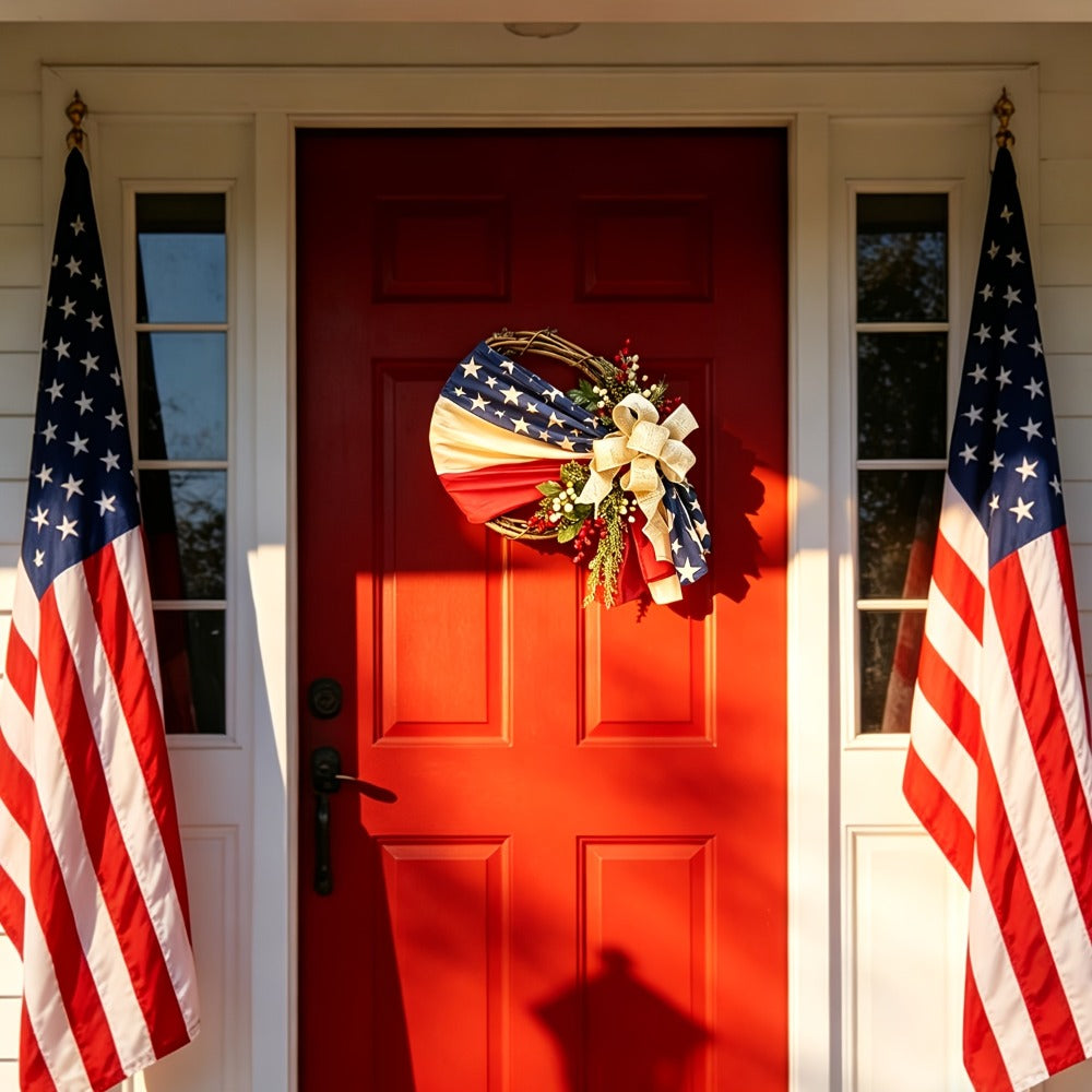 Patriotic 4th of July Door Wreath ¨C Red White & Blue American Flag Wreath with Burlap Bow for Independence Day, Memorial Day & Patriotic Home, Porch & Office Decor