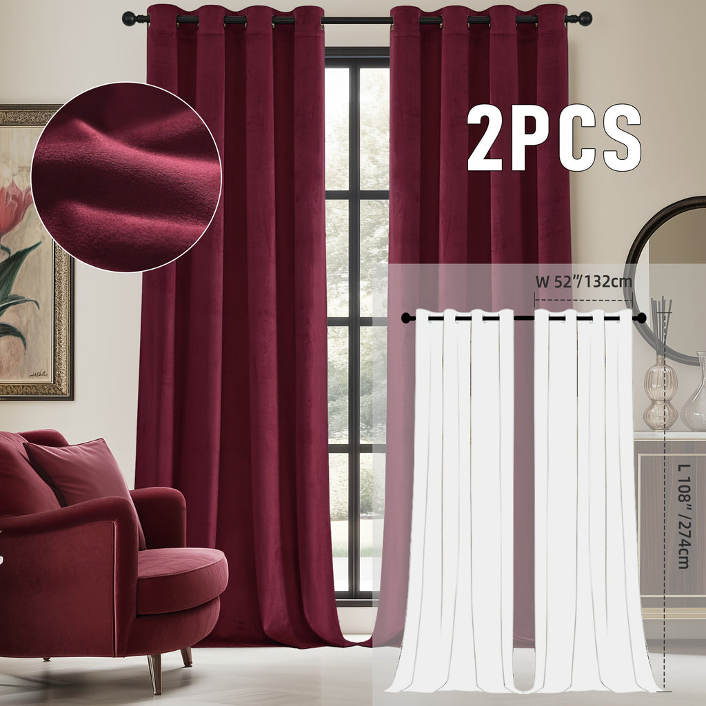 Velvet Room Darkening Curtains 2 Panels | Grommet Top Thermal Insulated Soundproof Blackout Curtains for Living Room Bedroom, Soft Solid Color Vintage Window Drapes