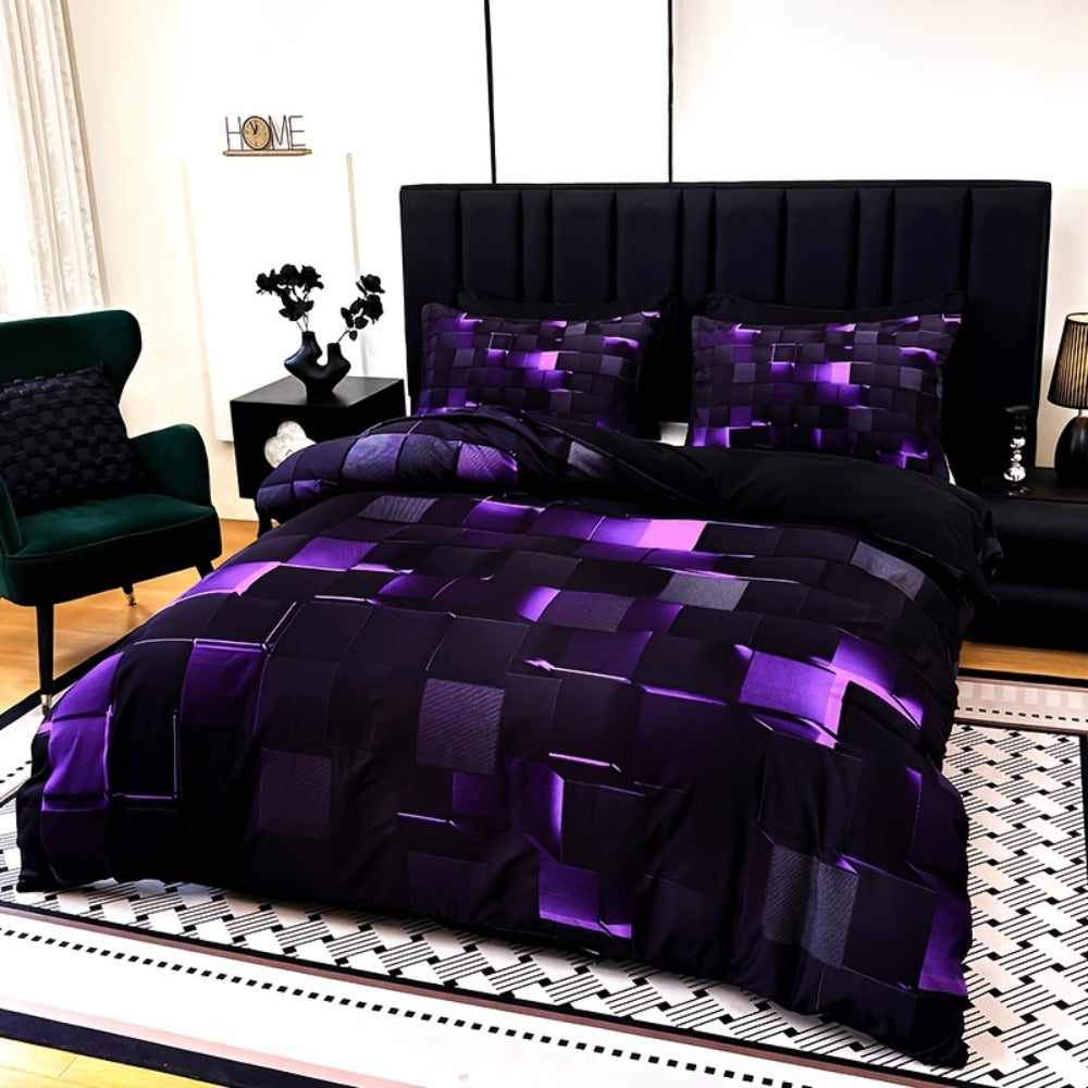 Duvet Cover Set 3 Piece Plaid Digital Print Polyester Bedding All Season Twin Full Queen King Size with Pillowcases Purple Blue Red
