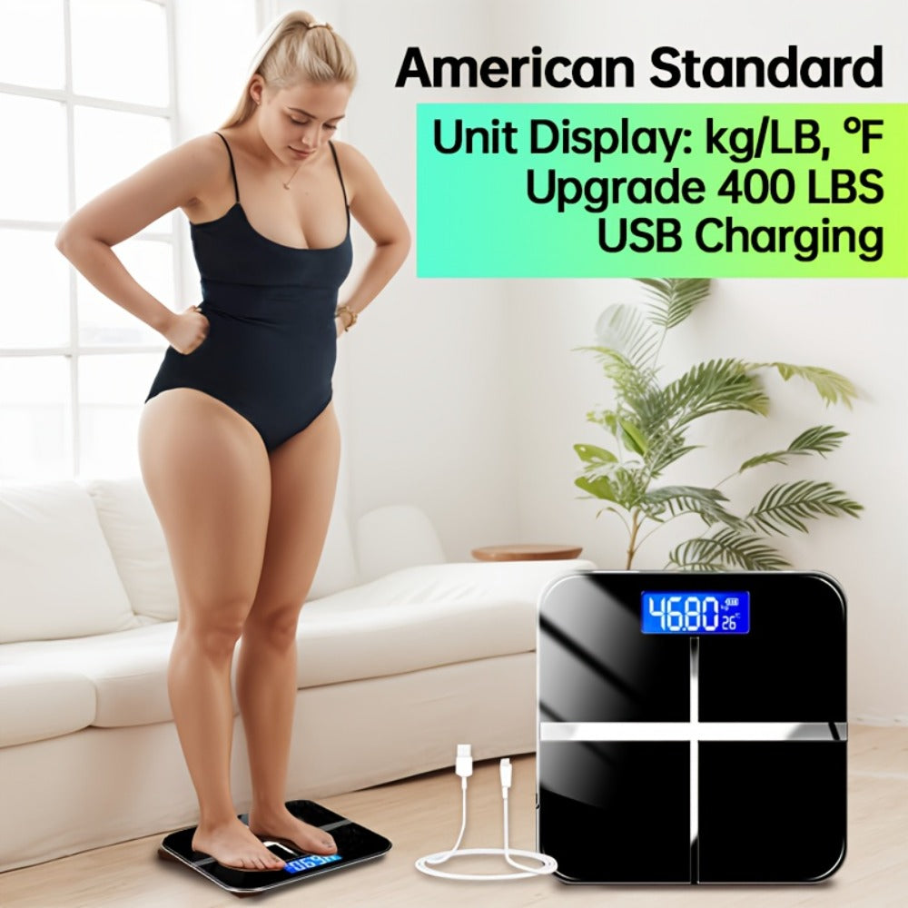 USB Rechargeable Bathroom Scale 400lb ¨C Smart Digital Body Weight Scale, HD LCD & Fahrenheit Temperature Display, kg/lb Switch, Ultra-Wide Platform, USB Charging or Battery Powered, Black & Pink
