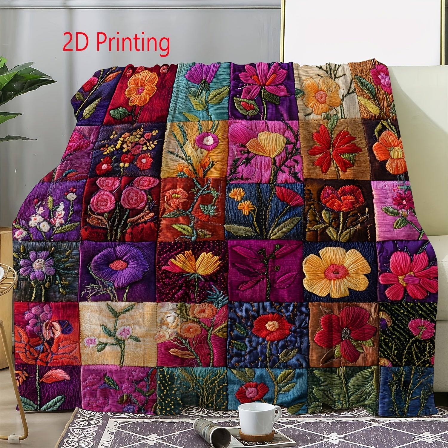 Vintage Green Floral Plaid Flannel Throw Blanket - Soft Warm Cozy 250GSM Retro Style Digital Print for Couch Bed Car Office Camping, All-Season Gift Blanket