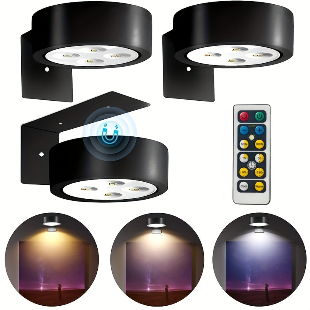 Battery Operated Picture Lights 3-Pack, Magnetic Painting Light with Remote & Timer, 3 Lighting Modes Dimmable Wireless Wall Puck Lights for Art Frames Portraits ¨C Black