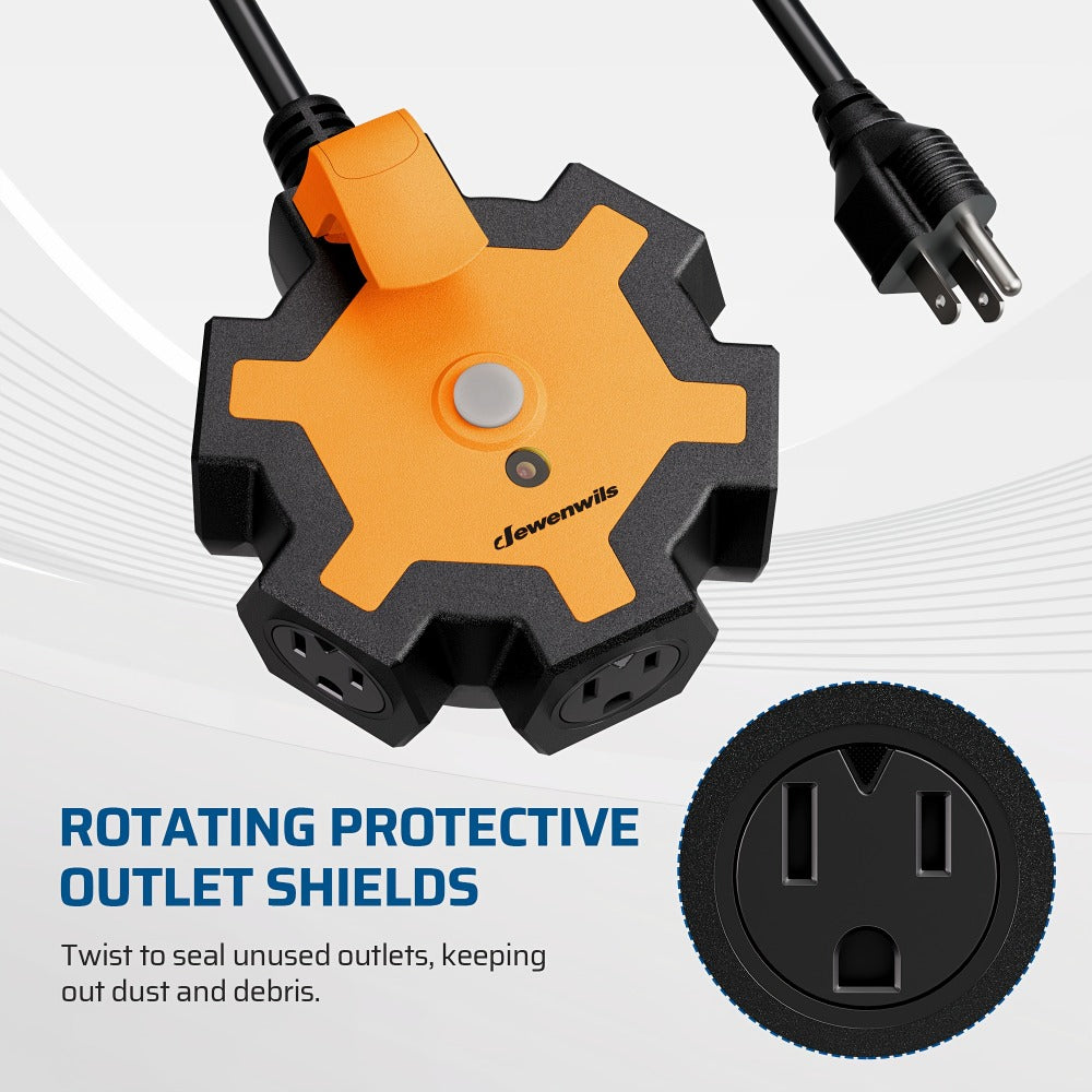 Power Strip Heavy Duty 5-Outlet with 15ft Extension Cord - 15A Circuit Breaker, 14/3 AWG SJTW Cord, Swivel Safety Covers, Indoor Outdoor Use for Garage Workshop, 1-Pack & 2-Pack Available