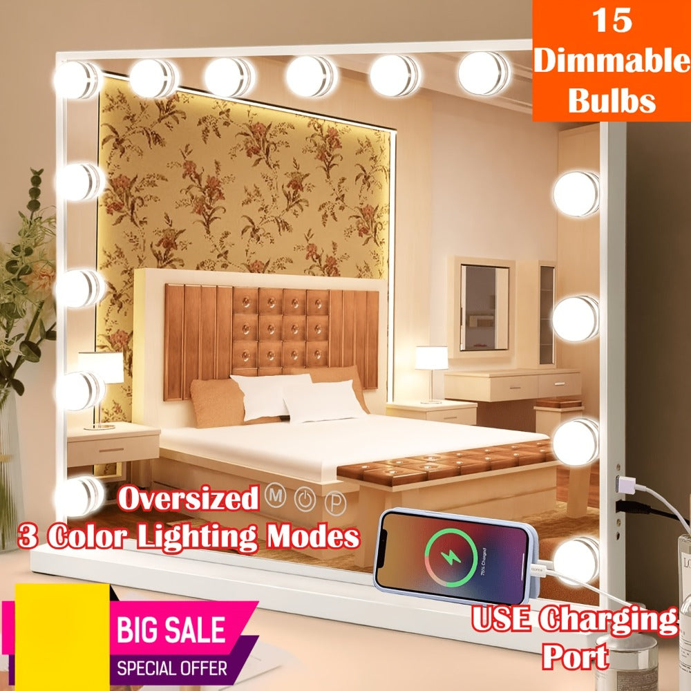 Hollywood Vanity Mirror with Lights ¨C 15 LED Bulbs, 3 Color Modes, Dimmable Brightness, 23x18 Inch, USB & Type-C Charging, Touch Control, Desk & Wall Mount, Metal Frame Makeup Mirror