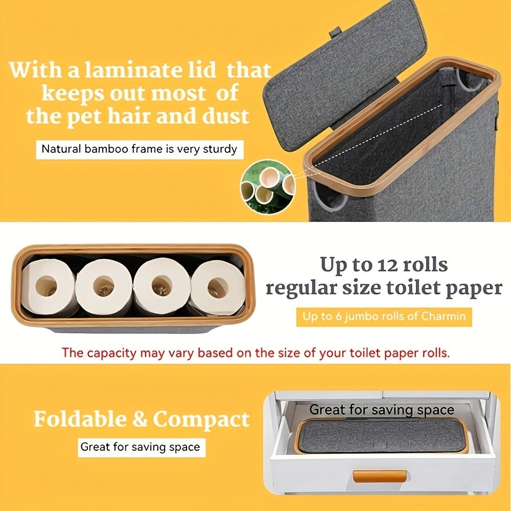 Toilet Paper Storage Basket with Bamboo Lid ¨C Large Capacity Holds 9-12 Rolls | 600D Oxford Cloth Dustproof Bathroom Organizer | Modern Farmhouse Tissue Roll Holder for Bathroom
