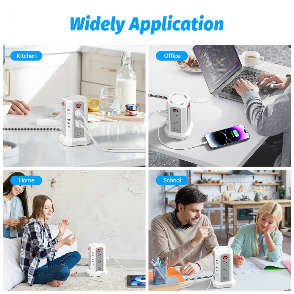 Power Strip Tower Surge Protector 16 AC Outlets 5 USB Ports PD20W USB-C Fast Charging Flat Plug Extension Cord 1500J Overload Protection Desktop Charging Station for Home Office Dorm