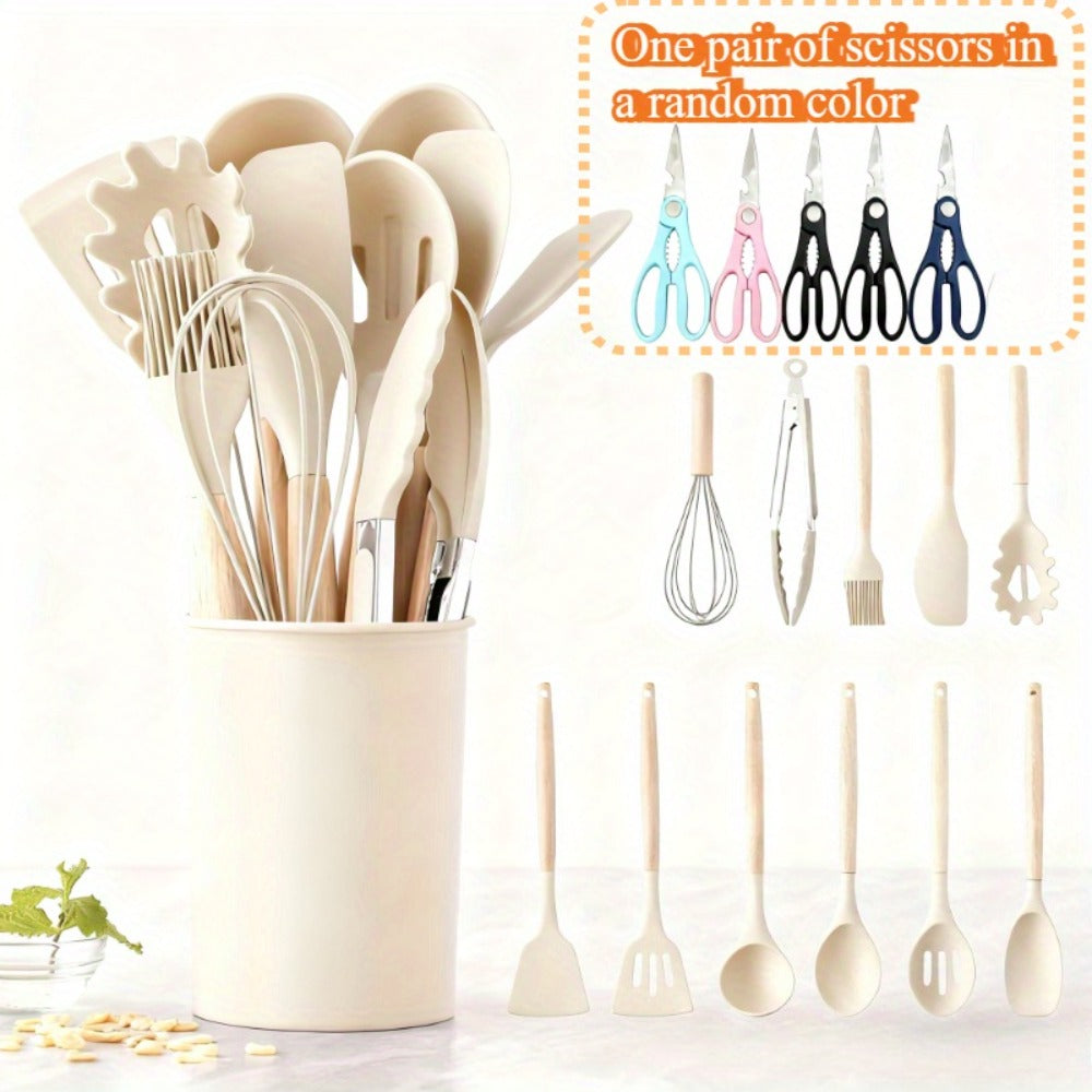 Silicone Kitchen Utensil Set 13 Piece with Wooden Handles Non-Stick Safe Heat Resistant Cooking Tools Spatula Spoon Ladle Set for Cooking Baking Dorm Essentials