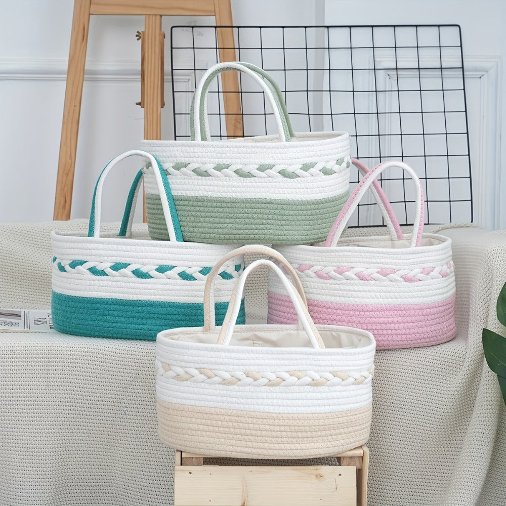 Boho Rope Storage Basket Woven Foldable Organizer 14¡± Large Capacity - Removable Lining Striped Shelf Basket with Handle for Home Bedroom Living Room Laundry Decor