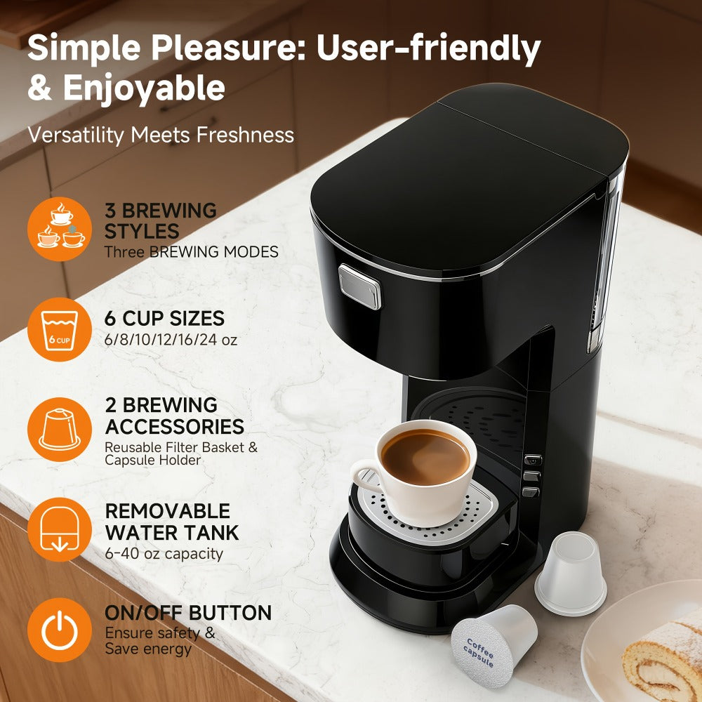 Coffee Maker One-Button Compact Specialty Coffee Machine ¨C Fast Home Brewing, Space-Saving Countertop Design, Barista-Style Results, Available in Black & White