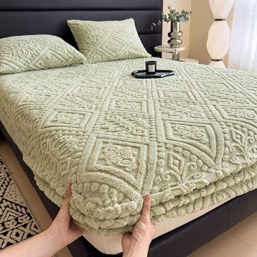 Embossed Fitted Bed Sheet Super Soft Jacquard Mattress Cover Deep Pocket All Season Twin Full Queen King Washable Bedding White Gray Khaki Blue Green