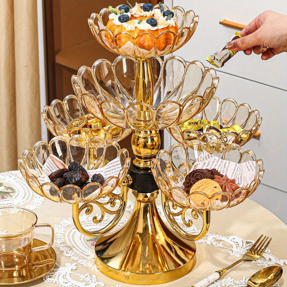 Crystal Rotating Fruit Plate Set 5-Tier ¨C Luxury Round Multi-Layer Snack Candy Dish Bowl for Living Room Coffee Table Home Decor European Style Elegant Dessert Display Centerpiece Gift