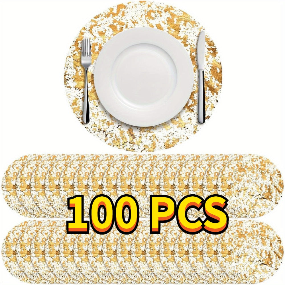 Golden Foil Round Placemats Disposable Table Doilies 50/100pcs ¨C Elegant Mesh Table Pad for Dining, Party & Home Decor