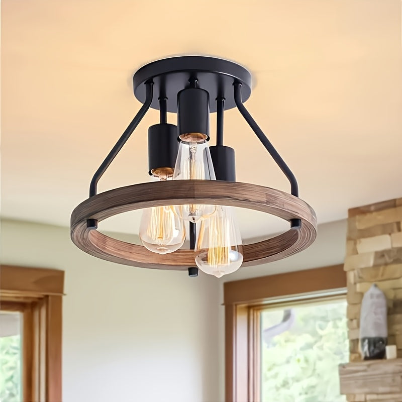 Farmhouse Semi Flush Ceiling Light 3-Bulb Wood & Metal - Rustic Industrial Ceiling Lamp for Kitchen Bedroom Dining Room Hallway Entryway Laundry Room (Bulb Not Included)