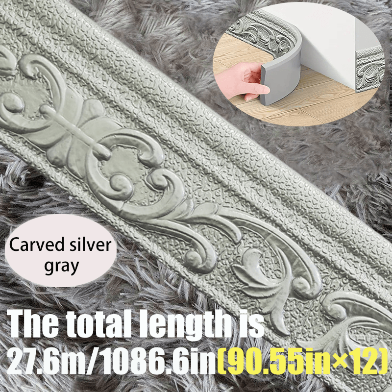 3D Self-Adhesive Foam Baseboard Wall Trim Sticker Waterproof Peel and Stick Carved Wallpaper Border Skirting for Home Decor White Silver Gray Copper Gold 4 8 12 Rolls