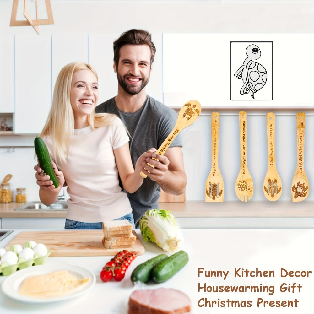 Wooden Cooking Spoons Utensils Set 5 Pcs ¨C Carved Animal Bamboo Kitchen Gadgets Non-Stick Spatula Kit, Turtle Design Farmhouse Decor, Housewarming Christmas Gift for Cooking Enthusiasts