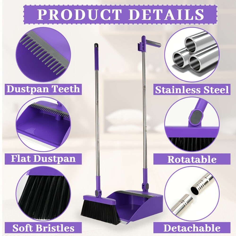 Broom and Dustpan Set with Long Handle - 2-in-1 Upright Sweeping Broom with Comb Teeth, Pet Hair Removal Floor Cleaning Tool for Home Office School Dorm Outdoor - Blue Orange White Purple Green