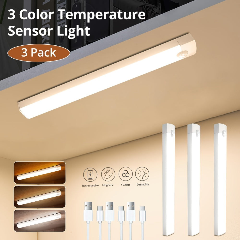 Motion Sensor Cabinet Light 3-Pack ¨C 3-Color Temperature Dimmable Under Counter Closet Light, Wireless Magnetic USB Rechargeable for Kitchen, Wardrobe, Stairs, Hallway & Vanity (11cm / 20cm / 40cm)