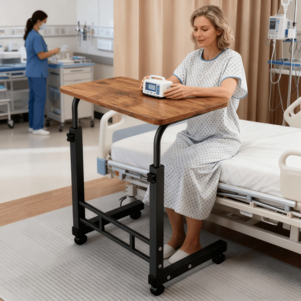 Adjustable Height Rolling Overbed Nursing Table 3-Layer Shelves Heavy Duty Bedside Tray for Elderly Patient Home Hospital Rehabilitation Care Laptop Desk 8 Colors Space Saving
