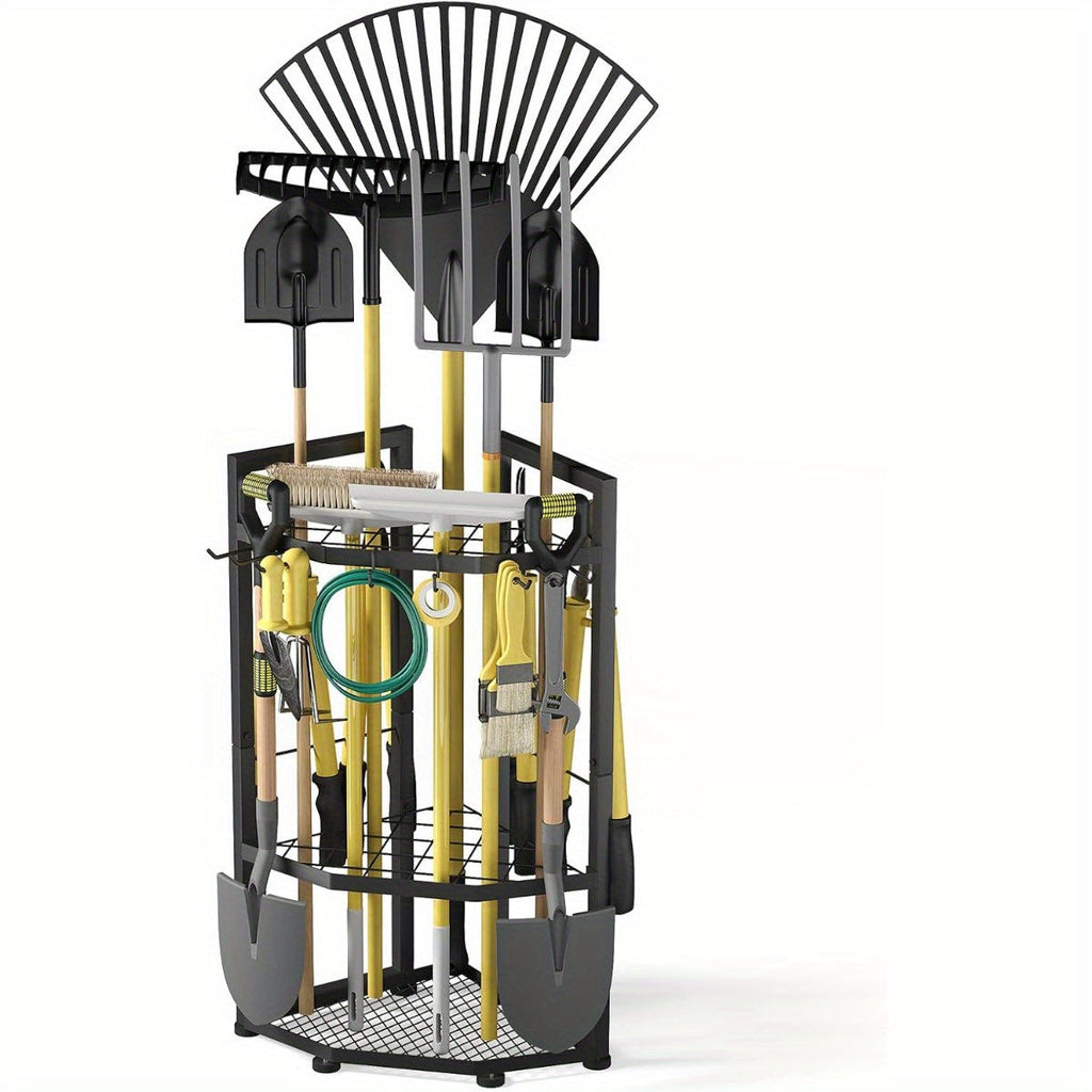 Wall Mount Tool Organizer Rack - Heavy Duty Metal Garden Tool Storage with Hooks for Shovels, Rakes & Long-Handled Tools | Garage, Shed & Backyard Corner Utility Storage