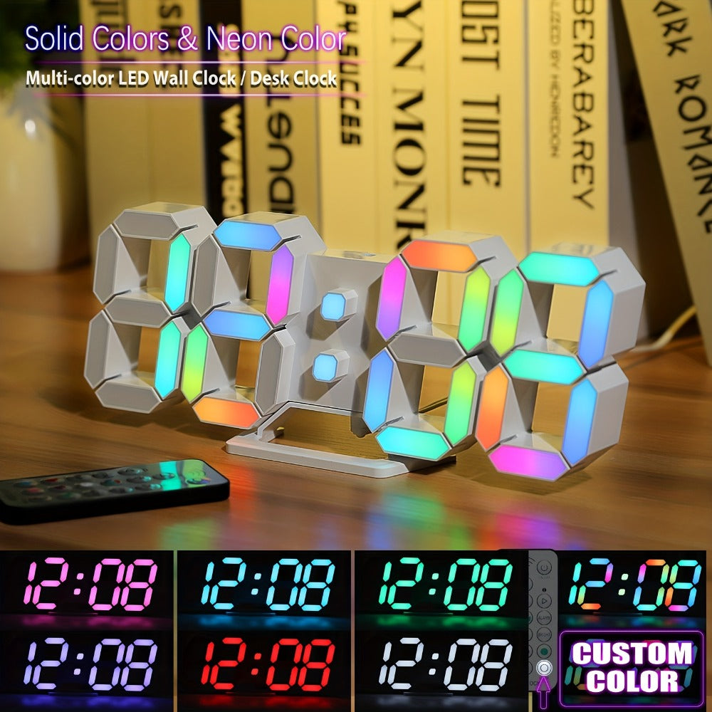 Digital Wall Clock RGB Neon LED 9.7¡± Large Display ¨C Aesthetic Alarm Clock with Remote Control, Adjustable Brightness, Date & Temperature Display for Bedroom, Living Room, Office & Gym
