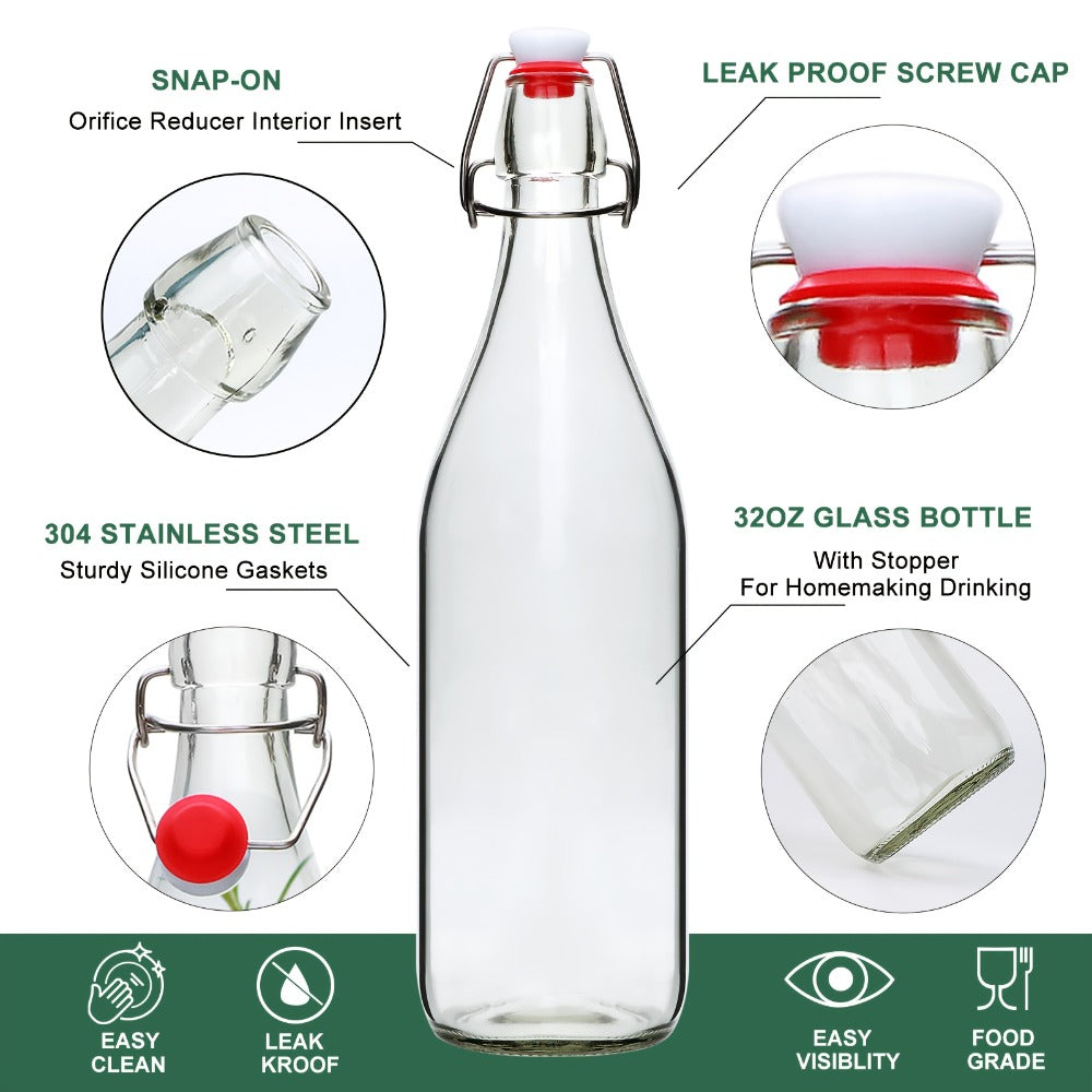 Swing Top Glass Bottles 32oz with Airtight Stopper - Flip Top Brewing Bottles for Kombucha Beer Beverages Oil Vinegar Water Soda - Set of 4 6 8 12 Reusable Glass Bottles with Swing Lid