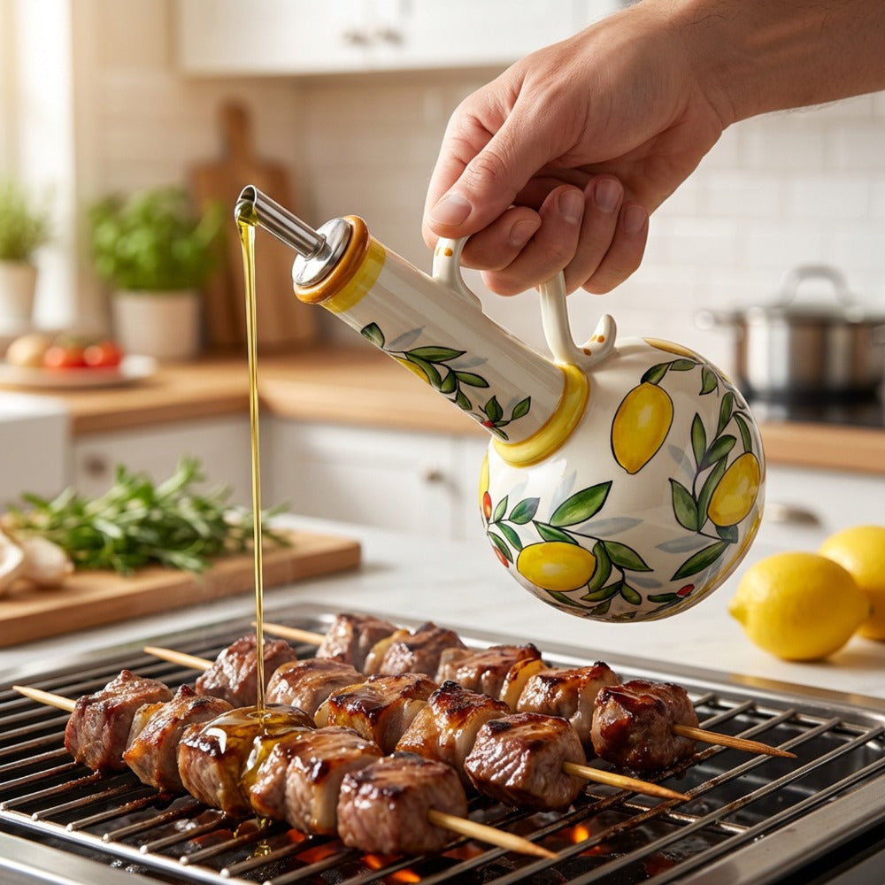 Ceramic Oil and Vinegar Dispenser Set Hand-Painted Underglaze Anti-Drip Leak-Proof Kitchen Oil Bottle with Oil Spout and Foot Pad Olive Green Lemon Yellow