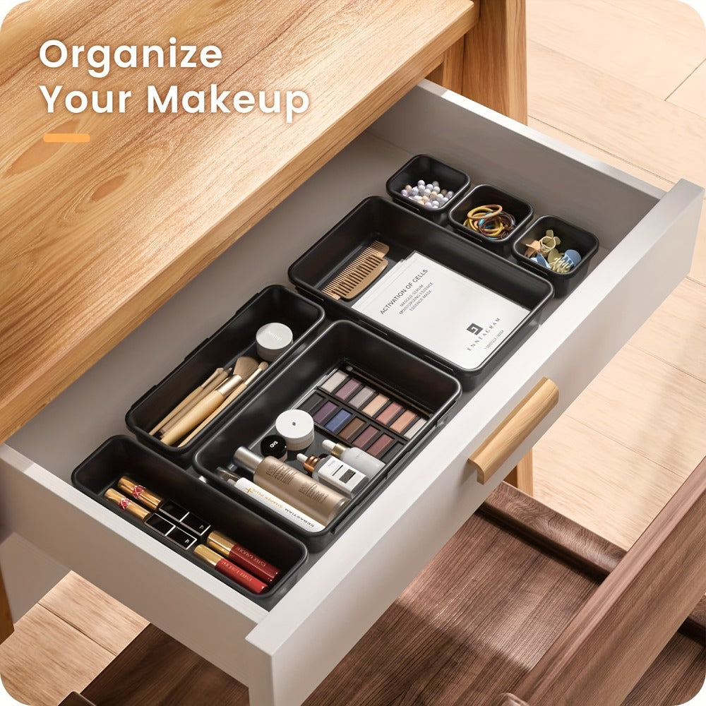 Drawer Organizer Set 24 Pieces Plastic Drawer Dividers Storage Bins for Makeup Bathroom Desk Dresser Kitchen Junk Drawer, Customizable Compartment Organizer Trays for Home Office, Black Pink