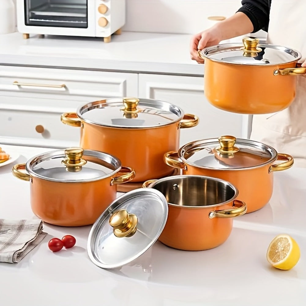 Stainless Steel Non-Stick Cookware Set 10/12pcs, 316 Grade Steel Frying Pan, Stockpot & Milk Pot with Lid, Multi-Functional Kitchen Cooking Set in Gold, Pink & Orange