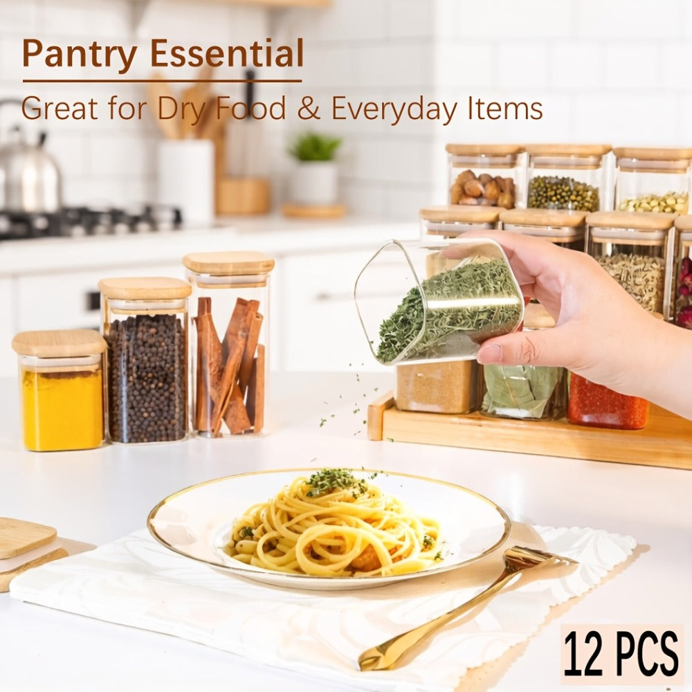 Spice Glass Jars Set with Labels 12pcs, Square Glass Spice Jars with Bamboo Lids, Sticker Labels, 5oz 7oz 9oz Food Storage Containers