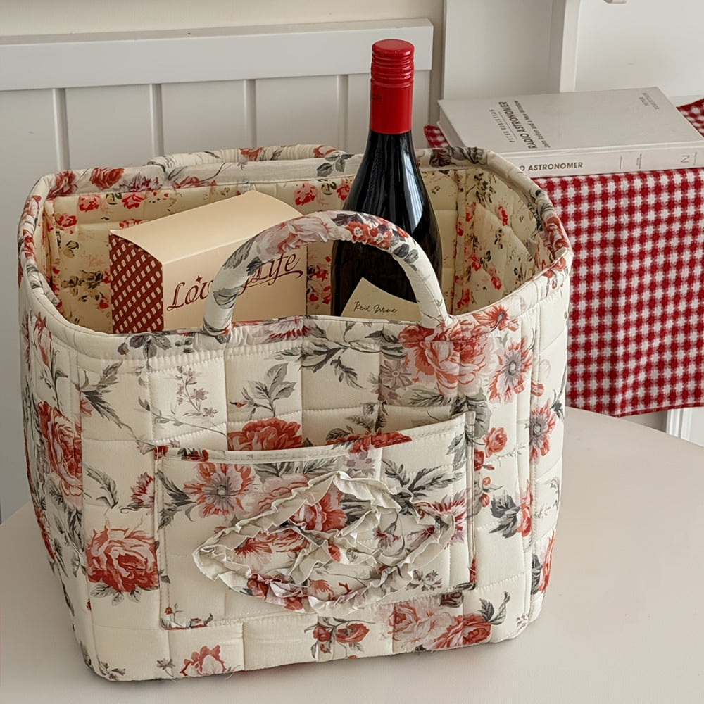 Floral Storage Basket Large Capacity Quilted Vintage Flower Pattern Portable Home Organizer Basket for Shelf Bedroom Closet Living Room Pink Peony Red Marigold Boho Decor