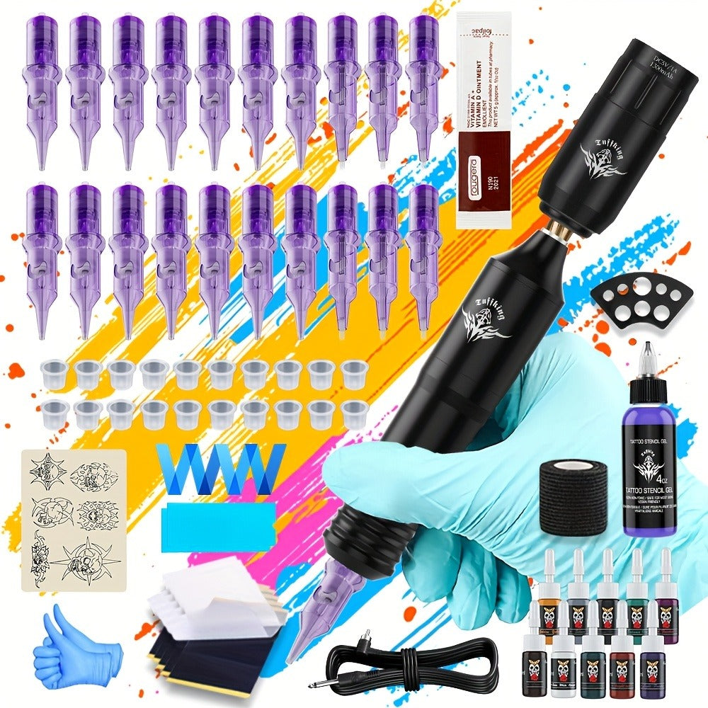 Rotary Tattoo Machine Kit 67pcs ¨C Complete Wireless Tattoo Pen Set with Cartridge Needles, Power Supply, Practice Skin, Inks & Transfer Paper for Beginners & Artists