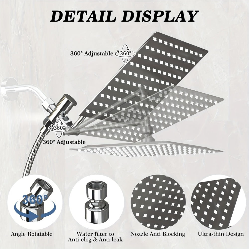 High Pressure Rainfall Handheld Shower Head Combo, 11-Inch Extension Arm, 9 Settings, 180¡ã Adjustable, Anti-Leak with Holder, Chrome & Matte Black, 8/10/12 Inch