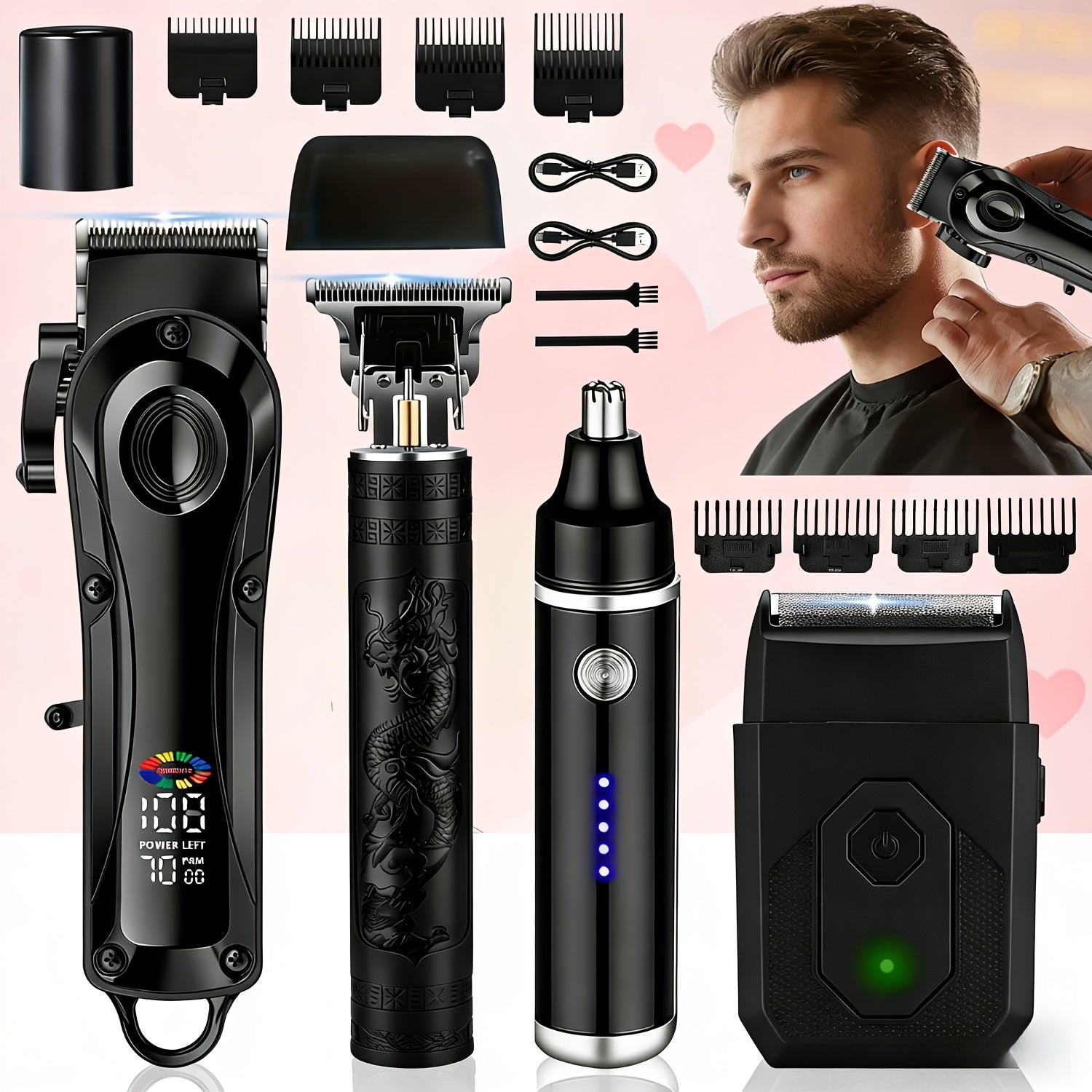Men's Grooming Set USB Rechargeable Hair Clipper Electric Shaver Nose Ear Hair Trimmer with LCD Battery Display 2-Piece and 4-Piece Options Gift for Husband Boyfriend
