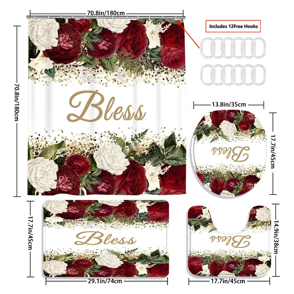 Rose Print Shower Curtain 4-Piece Bathroom Set ¨C Toilet Lid Cover Mat Machine Washable with 12 Hooks Elegant Floral Decor
