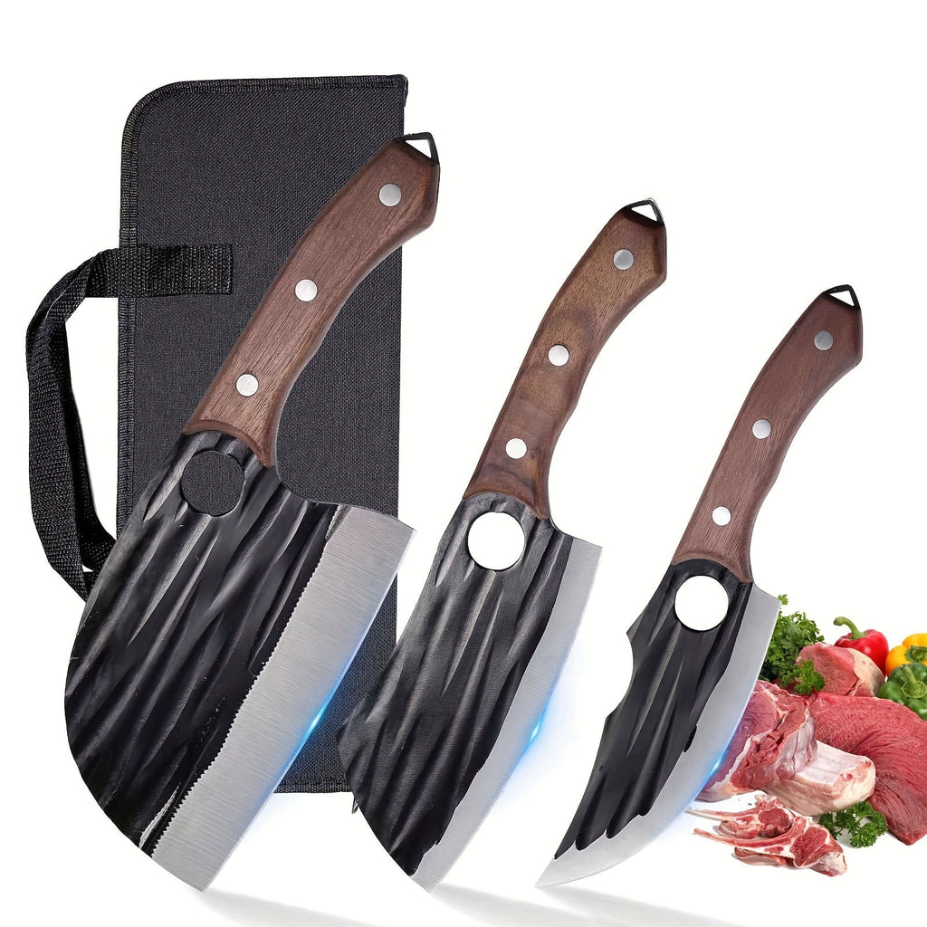 Viking Hand-Forged Butcher Knife Set ¨C High Carbon Steel Meat Cleaver, Boning & Carving Knife, Vegetable Knife for BBQ & Camping, with Carrying Case