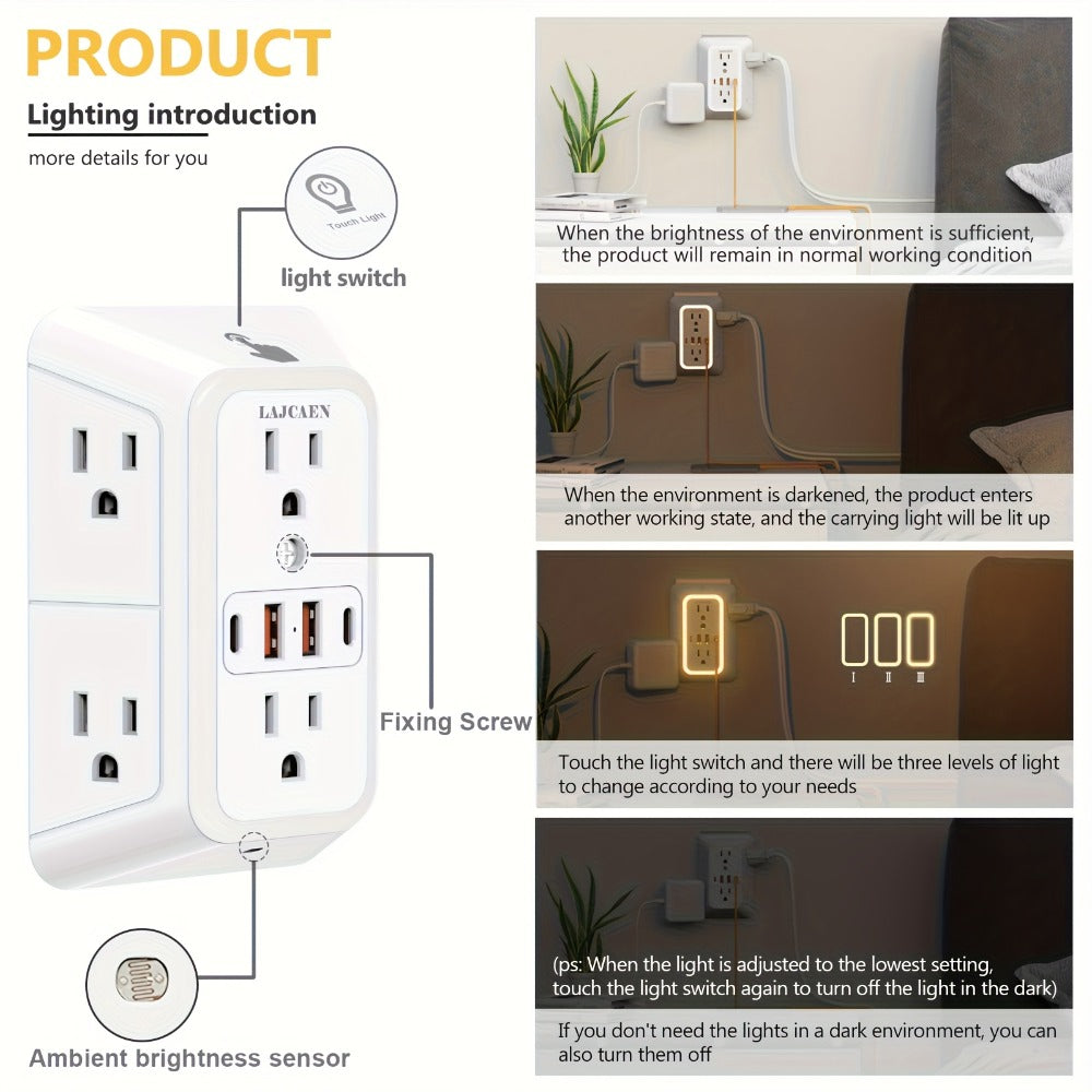 Outlet Splitter Wall Expander 10-in-1 with 6 AC Outlets 2 USB-A 2 USB-C Ports 3-Sided Plug Extender Surge Protector Night Light Compact Space-Saving Design for Home Dorm Apartment Office