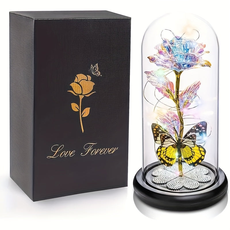 Glass Rose Crystal Flower in Glass Dome with LED Glow - Eternal Galaxy Rose Gift for Women, Mom, Wife, Daughter, Birthday Valentine's Day Mother's Day Gift, Butterfly Decor