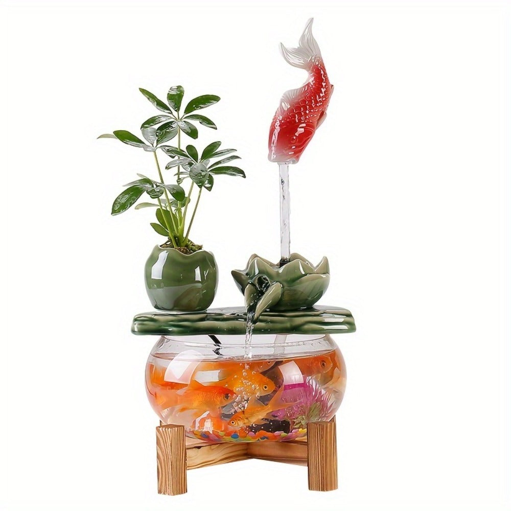 USB Desktop Fish Waterfall Fountain with Glass Bowl ¨C Relaxing Indoor Water Feature Tabletop Decor Zen Fountain Gift