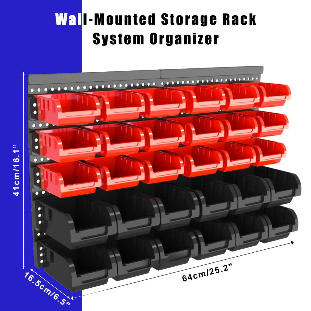 Wall Mounted Storage Bin Rack System ¨C Heavy Duty Small Parts Organizer for Screws, Nuts, Bolts & Nails | Stackable Garage Workshop Tool Storage Rack | 30/60/90 Bins Hardware Organizer