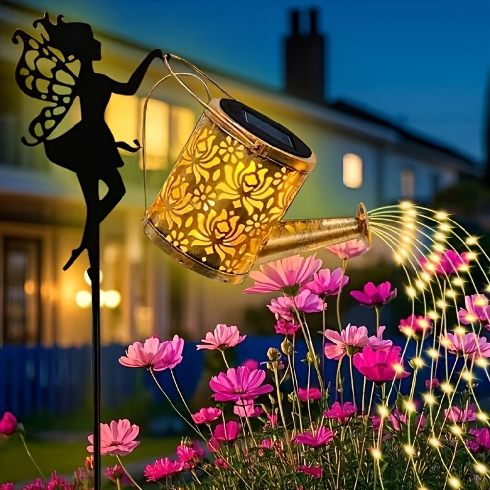 Solar Watering Can Lights 2pcs Garden Waterfall, IP65 Waterproof Hanging Solar String Lights with Ground Plug for Outdoor Lawn, Patio & Holiday Decor, Christmas Garden Gift