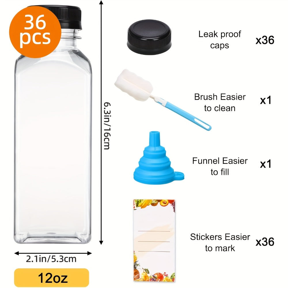 Plastic Juice Bottles with Lids - Clear Reusable Drink Containers for Juice Smoothies Water and Beverages, Available in 12oz and 16oz in Sets of 20, 36, 56 or 100, Includes Funnel and Cleaning Brush