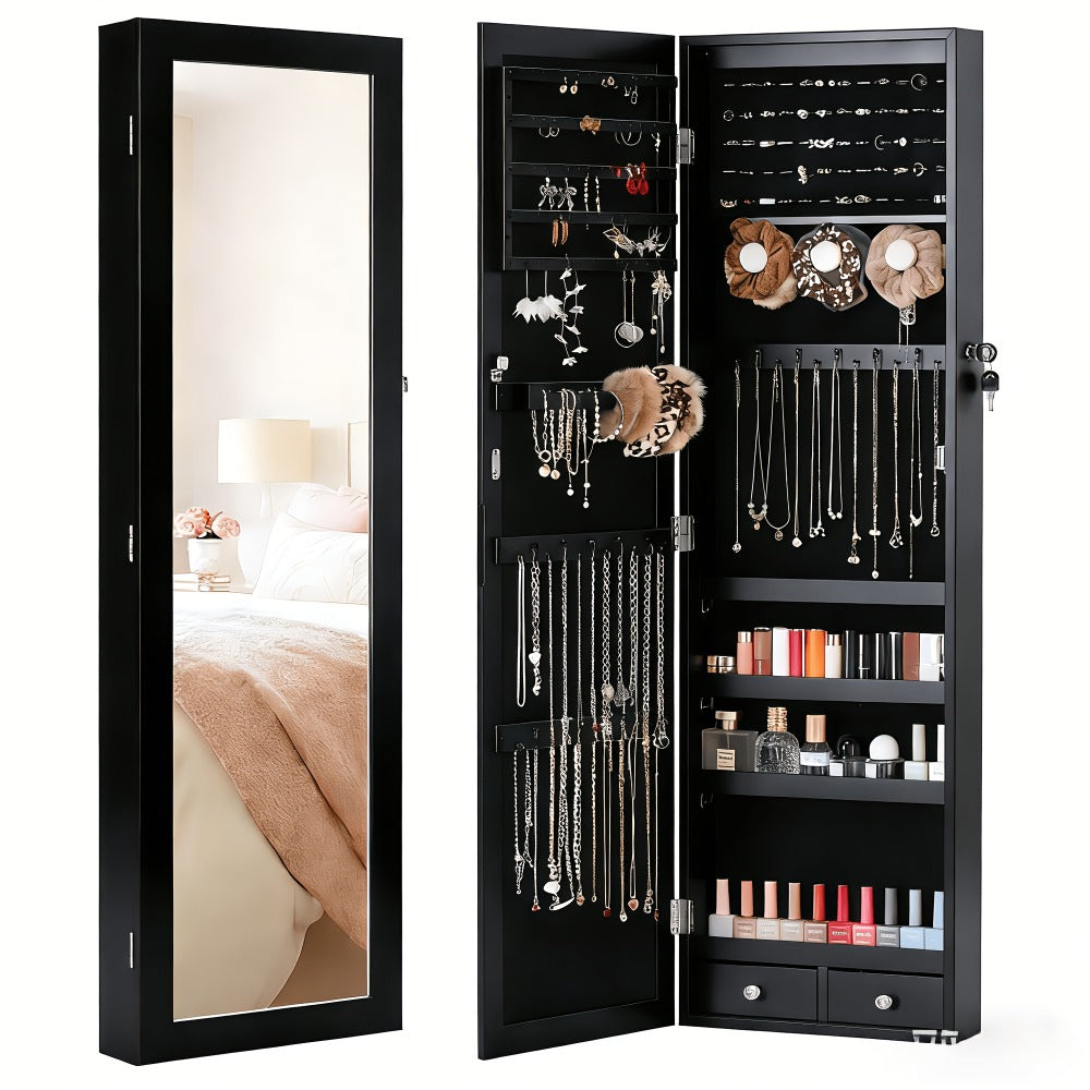 Jewelry Armoire Floor Standing 47.2¡± Full-Length Mirror Cabinet with 6 LED Lights Dual Lock, Jewelry Organizer for Necklaces Earrings Rings Bracelets, Bedroom Closet Storage 4 Colors