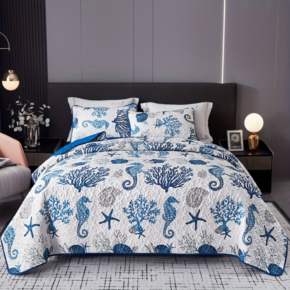 Duvet Cover Set 3 Piece Ocean Style Seahorse Coral Pattern Soft Breathable Microfiber Bedding Set with 2 Pillowcases Machine Washable All Season Comforter Cover for Bedroom Dorm Twin Full Queen King