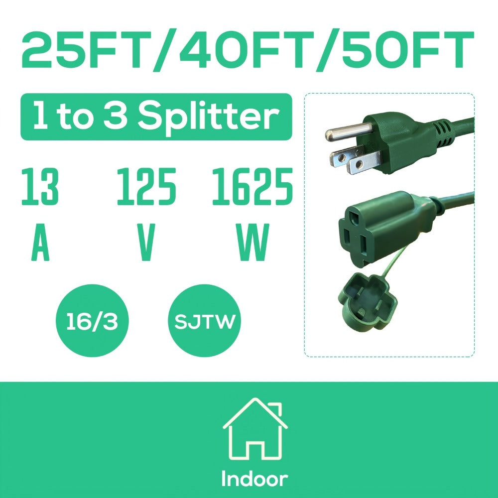 Extension Cord Splitter 1 to 3 Outlets 25FT 50FT 16/3 SJTW Pure Copper Core UV-Resistant PVC Jacket 3 Grounded Outlets for Holiday Decoration Christmas Lights Outdoor Indoor Patio Garden Black Green