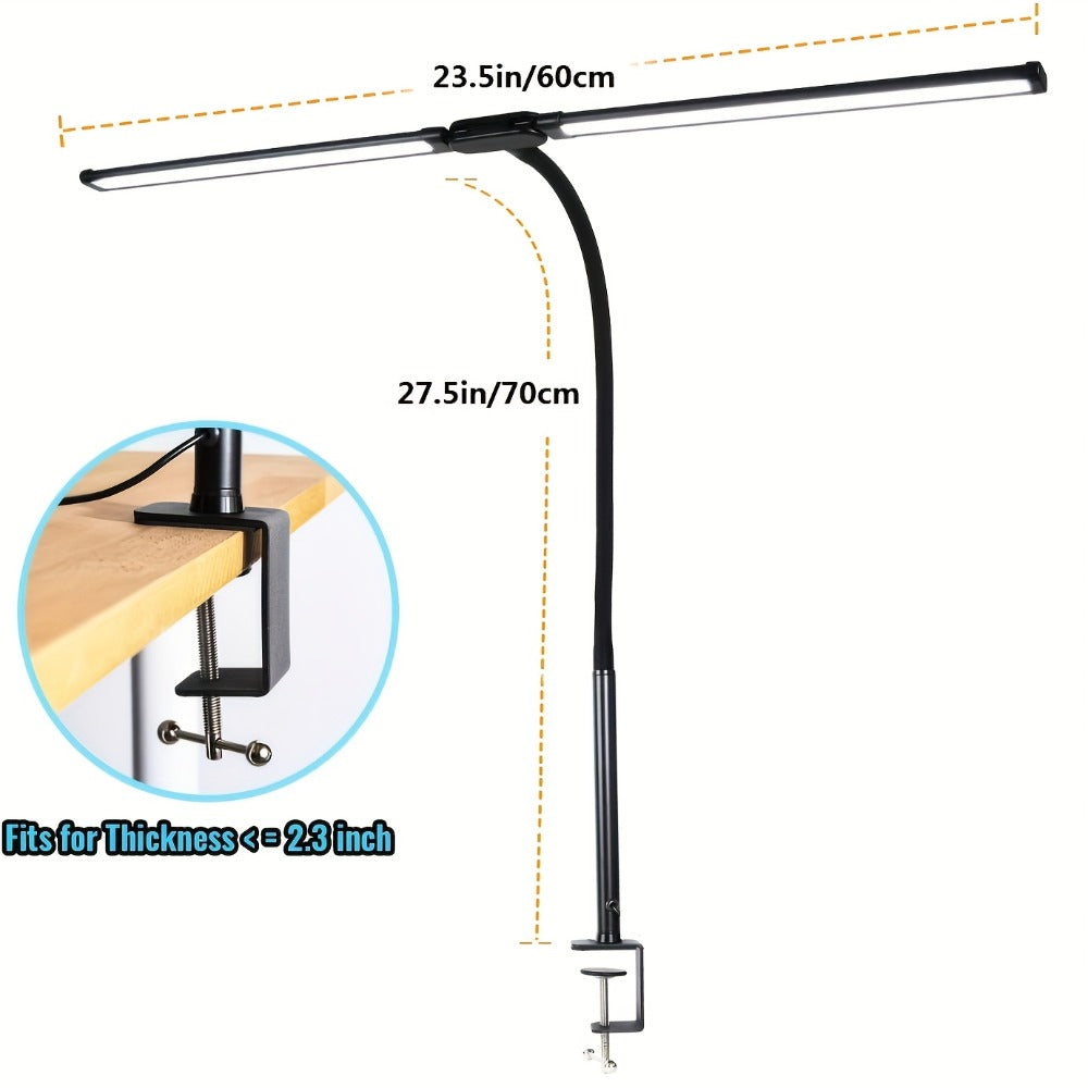 Dual Head LED Desk Lamp Touch Control 3 Color Modes 10 Brightness Levels Flexible Gooseneck Eye Care 13W USB Powered Base and Clip for Home Office Study PC Gaming Black