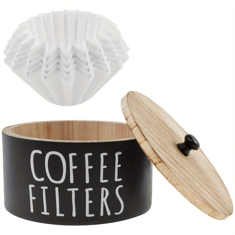 Wooden Coffee Filter Holder with Lid ¨C Large Capacity Rustic Round Organizer Dispenser for Coffee Filters & Tea Bags, Bamboo Lid, Kitchen Countertop Coffee Bar Decor