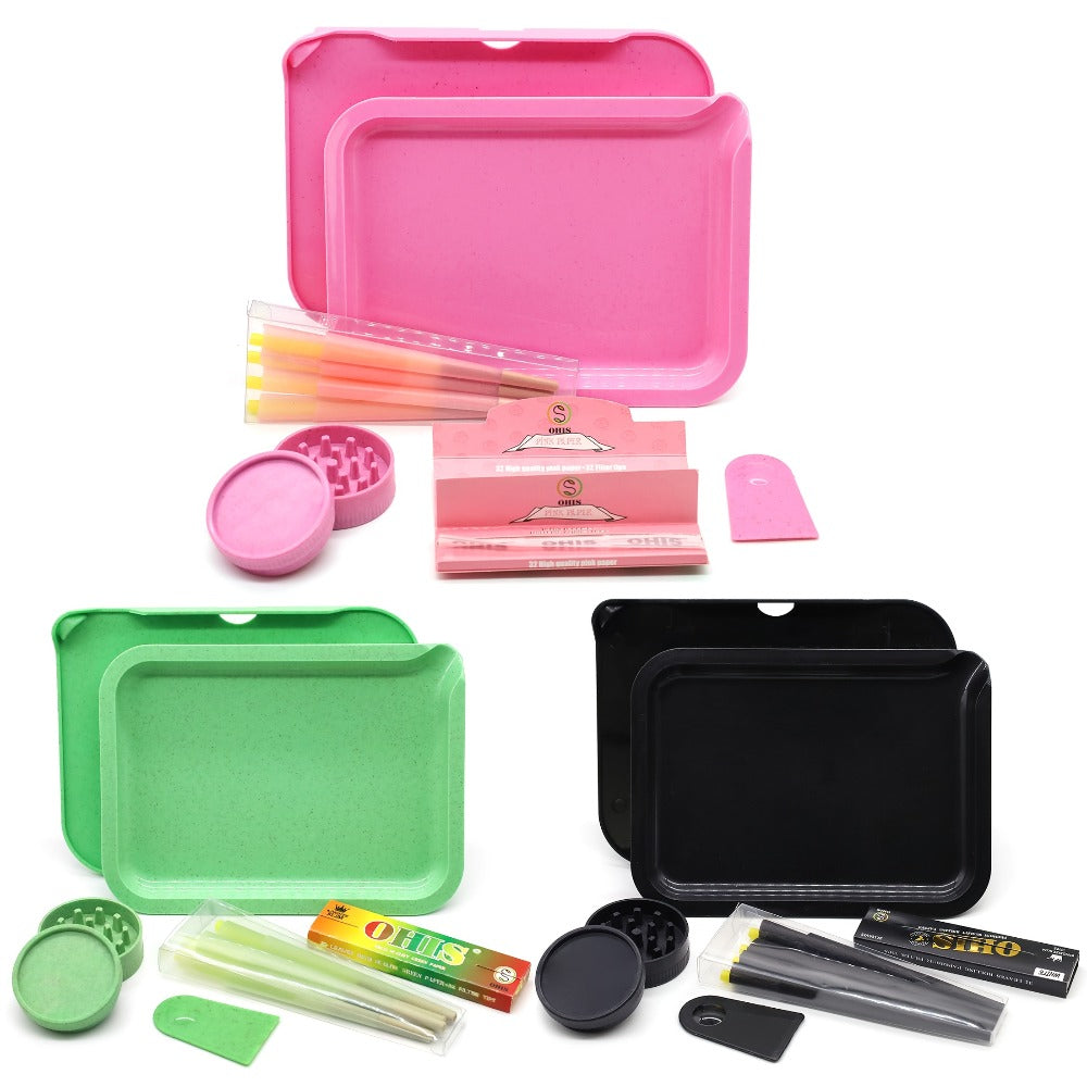 Smoking Set with Double-Layer Grinder, Rolling Paper, 8 Pre-Rolled Cones & Rolling Tray - Complete Starter Kit | 3 Colors | Gift Set