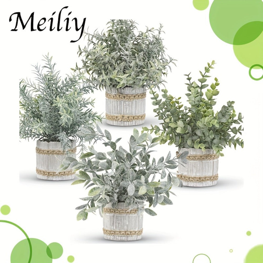Mini Artificial Potted Plants 4 Pack ¨C Realistic Fake Greenery in White Pots for Home, Office & Party Decor | No Watering Needed Low-Maintenance Indoor Outdoor Faux Plant Set | Housewarming Gift